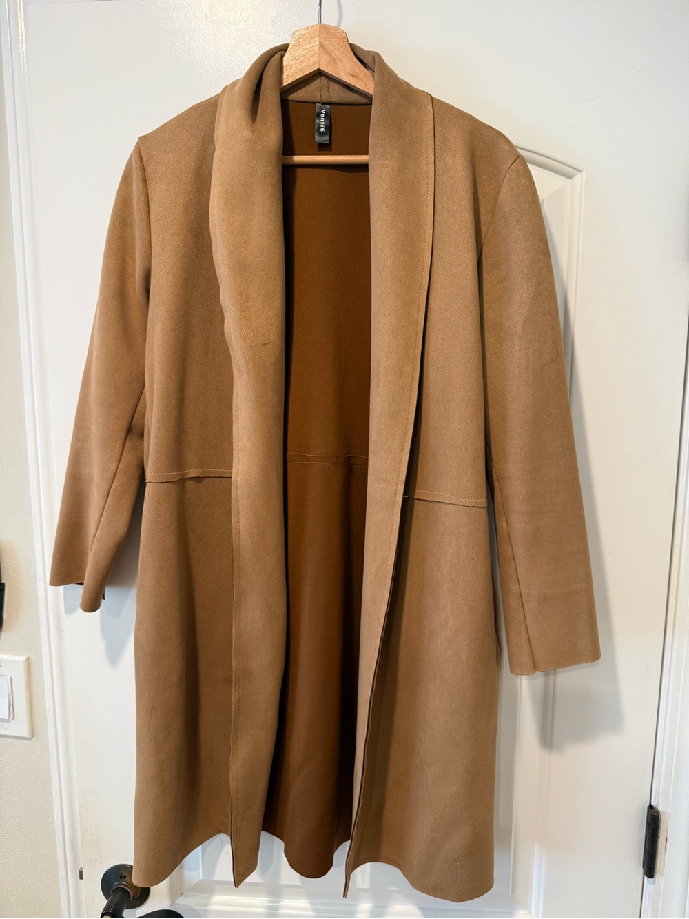 Women's Camel Open-Front Trench Coat with Shawl Collar